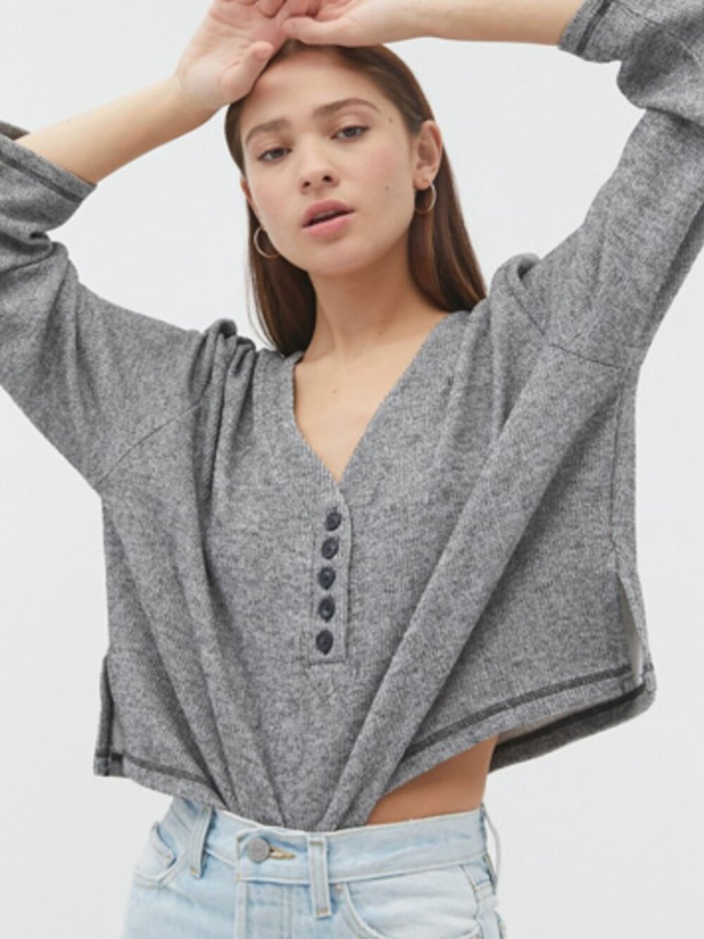 white birch Gray Henley Drawstring Sweatshirt